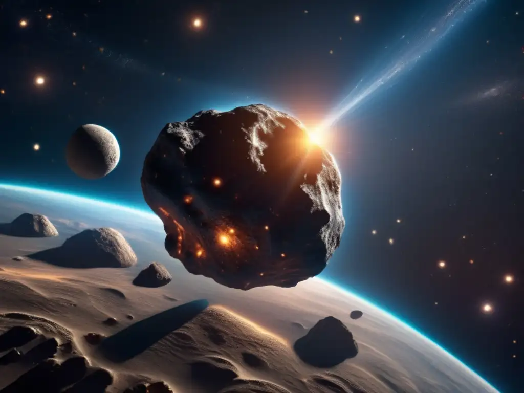 A spectral asteroid named Telemachus orbits the Earth, its intricate features illuminated by swirling galaxies in the backdrop