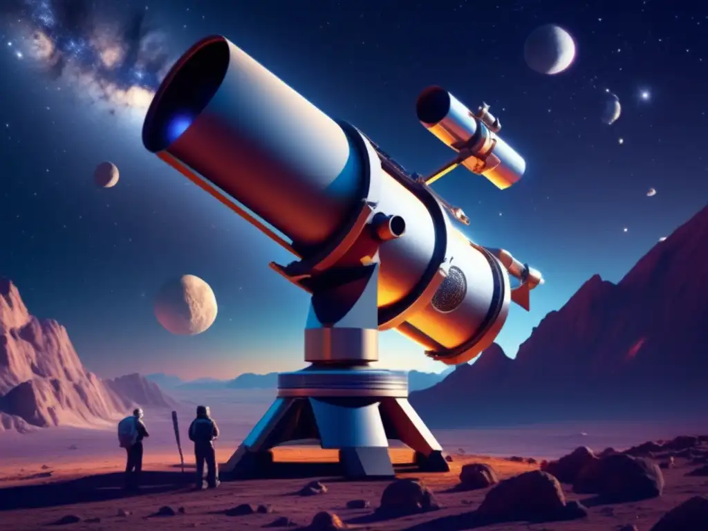 A stunning close-up of a telescope exploring the path of a distant asteroid in space, surrounded by impressive starlight and intricate details of its composition, under the bright glow of a distant nebula