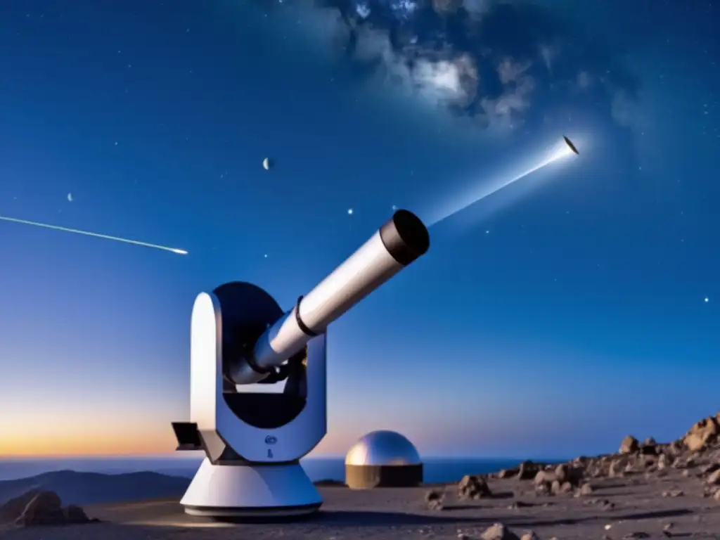 A breathtaking close-up of a meticulously crafted telescope, equipped with multiple eyepieces, observing a celestial wonder: an asteroid