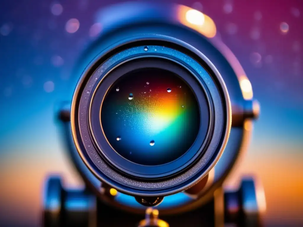 A stunning imagery of a telescope, with condensation inside and water droplets on the lens, capturing the glimmer of a bright star