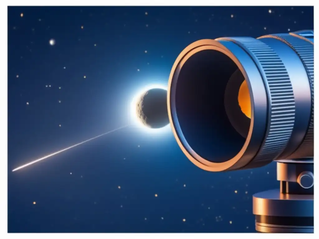 A breathtaking image of a telescope training its lens on a stunning asteroid, with a detailed account of its rings and textured surface