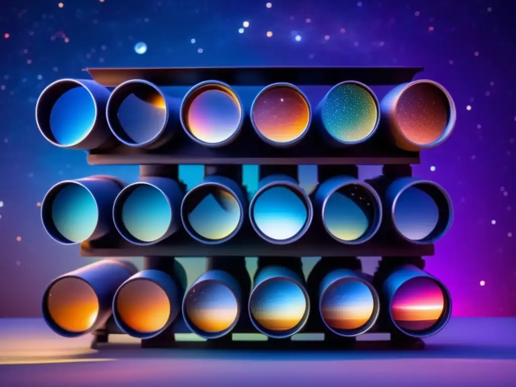 Dazzling image of stacked telescope filters, backlit by a warm light source, showcasing a mesmerizing array of stars and planets in the sky