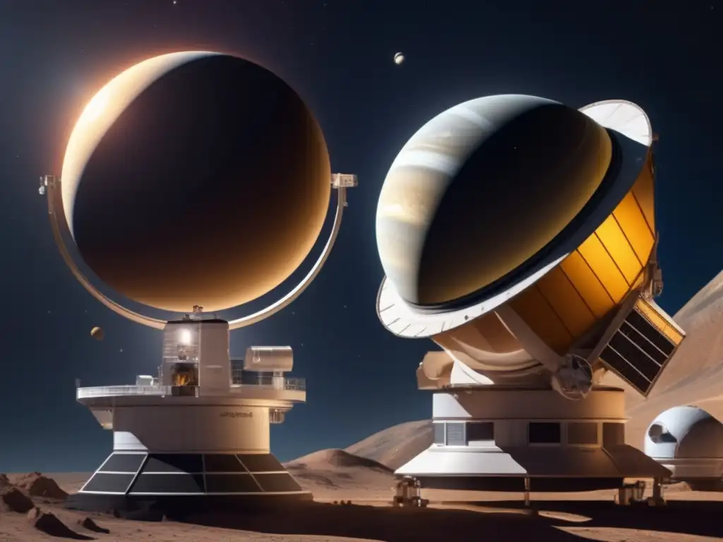 AEI - Eyes of the Universe: Juno and Kepler In Orbit around the Sun Captures the harmonious dance of observatories Juno and Kepler, orbiting the Sun, their majestic telescopic lenses and scientific instruments glowing in the celestial light, embodying humanity's unwavering curiosity towards the universe