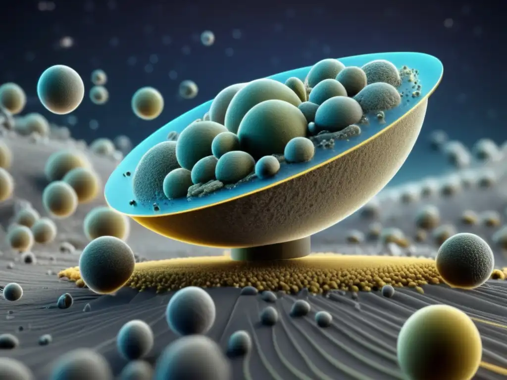 A breathtaking photorealistic image of a transmission electron microscope revealing the intricate structures of microorganisms on a metallic surface