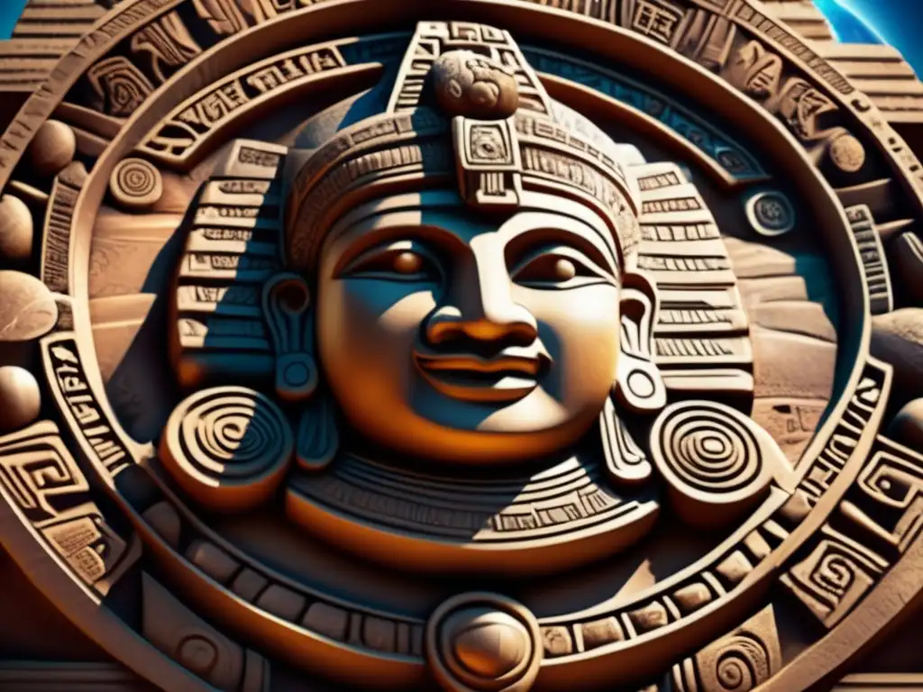 A serene Mayan deity in a photorealistic asteroid calls to the gods in this intricate temple carving
