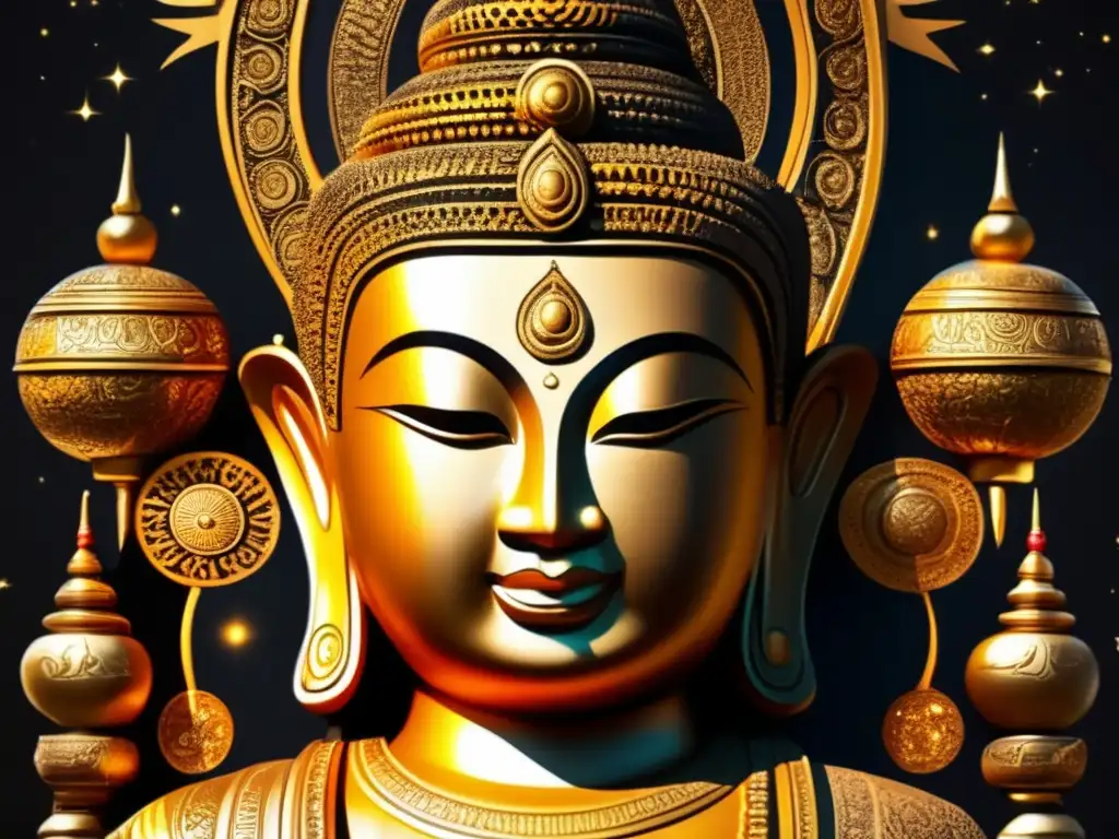 See the serene deity depicted in this ancient Thai statue, holding a unique asteroid with intricate detail, surrounded by galactic intricacies
