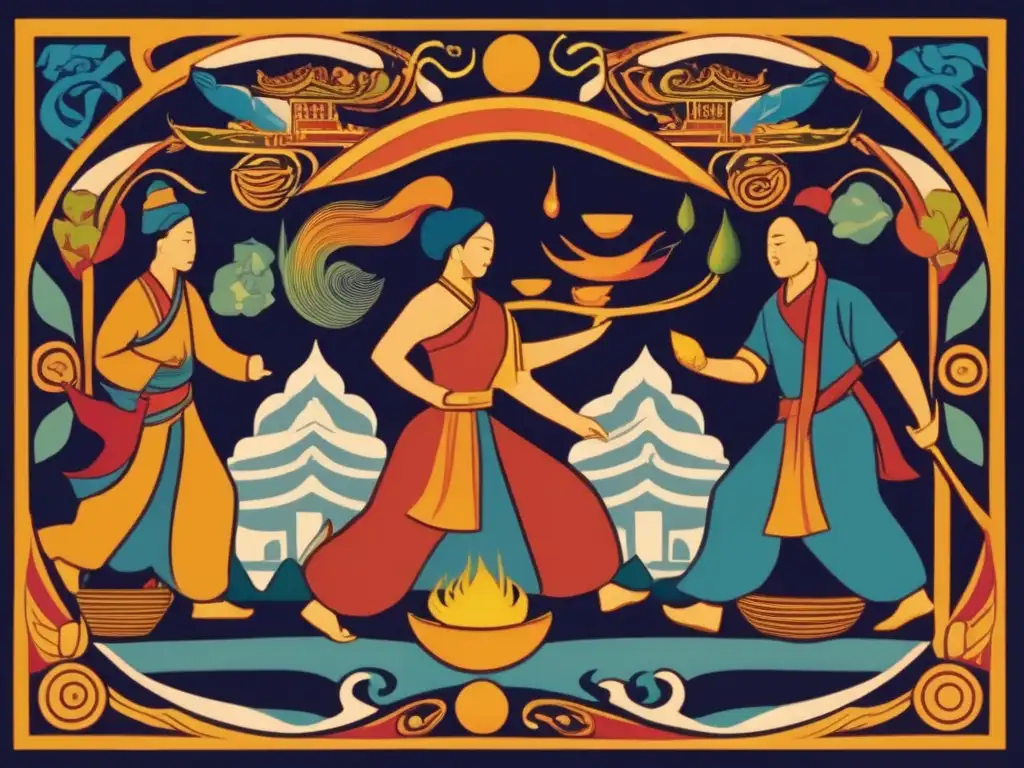 An ancient Chinese marketplace bustles with life as Earth, Water, Fire, Air, and Ether figures engage in various activities related to their element