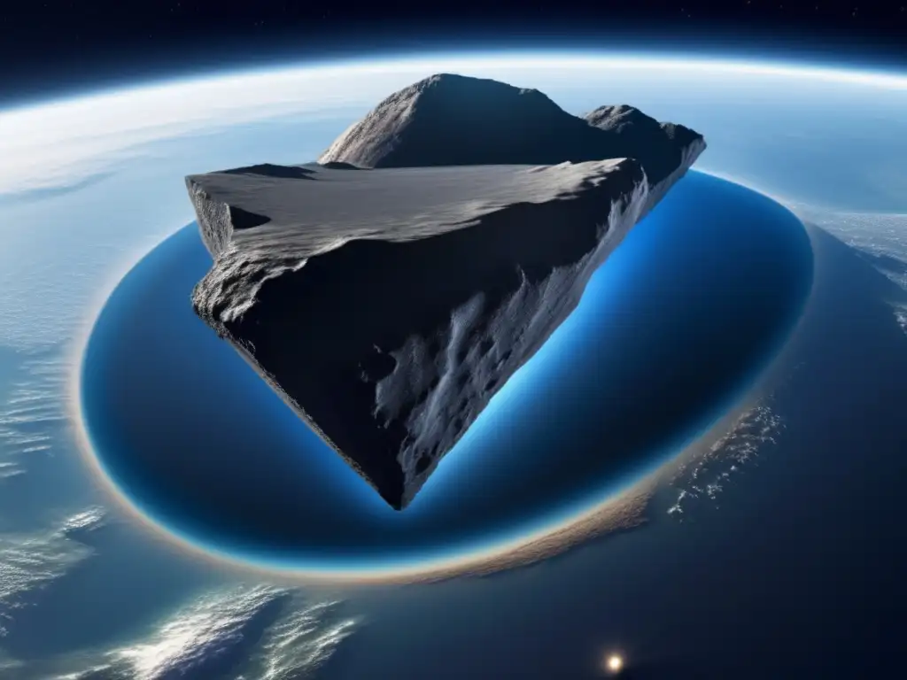 A stunning photorealistic image of asteroid Thoas, showcasing its massive size, rocky surface, and intricate cratering