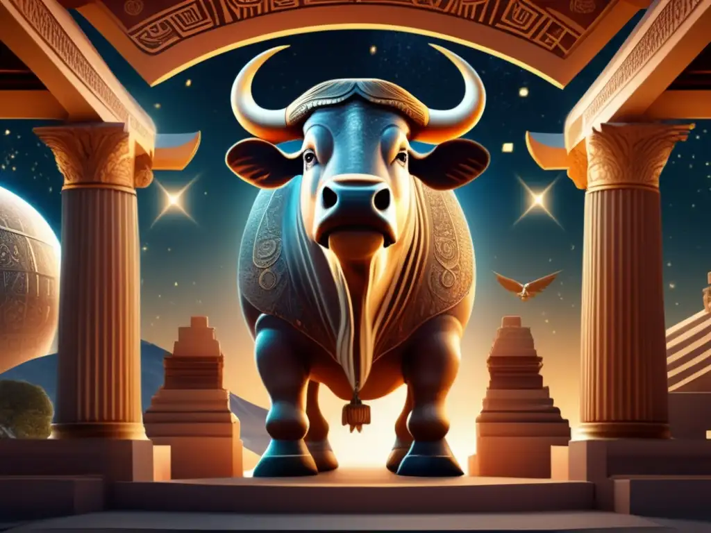Majestic Thoas, the celestial bull from mythology, looms before ancient watchtowers of the celestial observatory