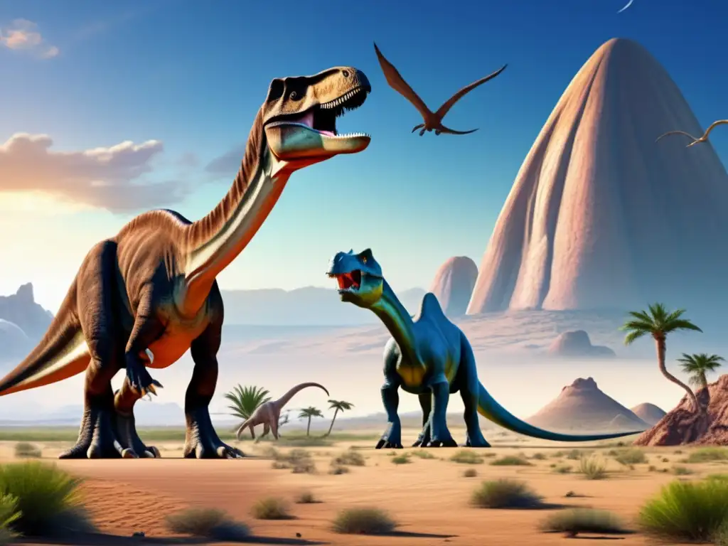 A desolate desert landscape, set against a backdrop of the azure sky, hosts an encounter between the prehistoric giants