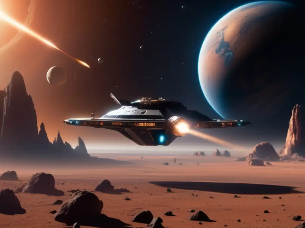 A photorealistic depiction of a spaceship soaring through the cosmos, with Titan A
