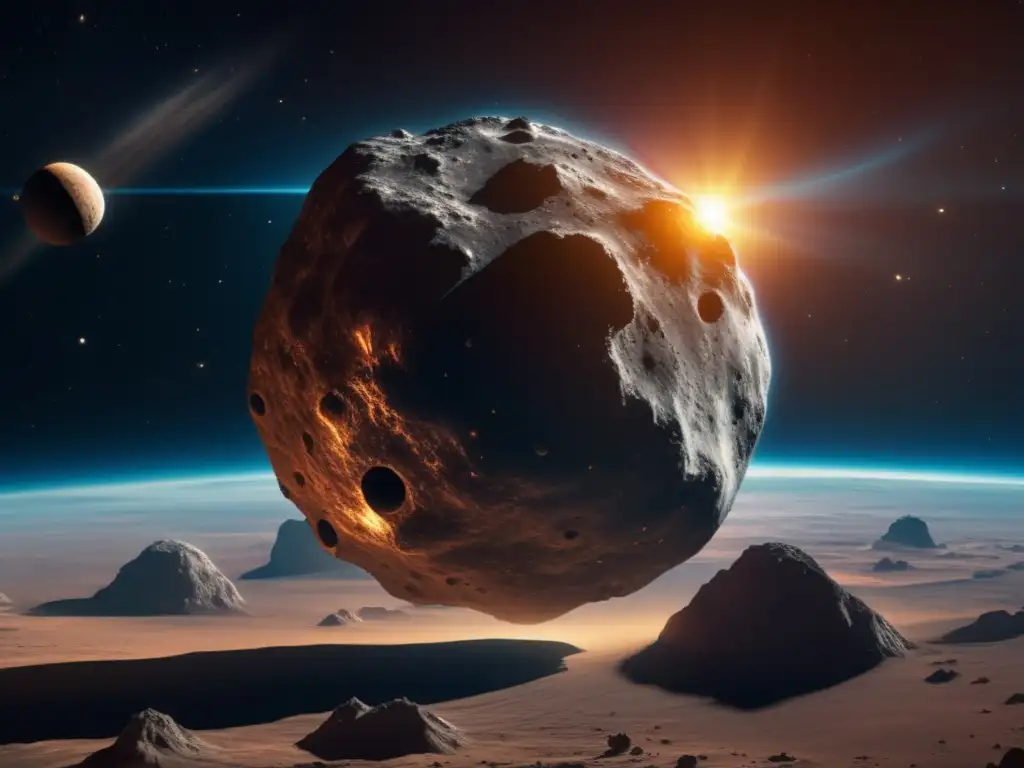 A beautiful 8k photograph captures the unique shape and texture of TK7, the first Earth's Trojan asteroid floating in the vastness of space