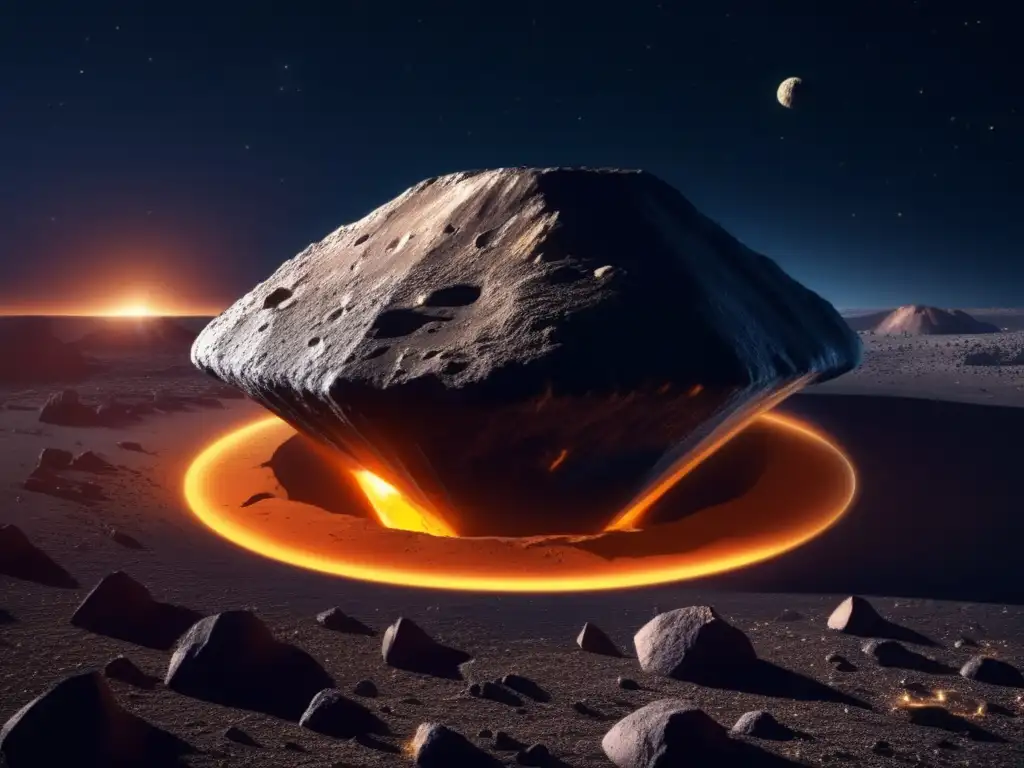 Toutatis' Awe-Inspiring Closeup: Photorealistic Image of Asteroid in Dark Surroundings An awe-inspiring photo of asteroid 4179 Toutatis, a massive and jagged orb surrounded by a fiery debris ring in the dark