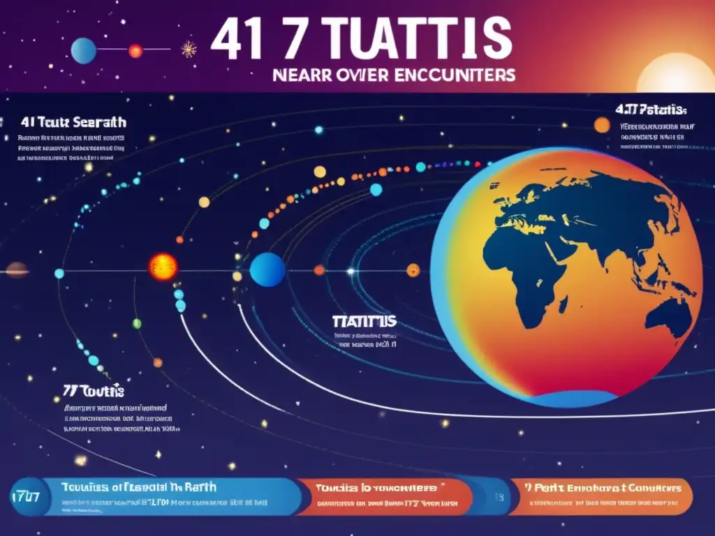 Voyage of Toutatis: 4179 Near-Earth Encounters Illustrated A photorealistic infographic showcasing 4179 Toutatis' nearEarth encounters over the past few centuries