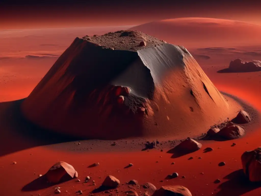 Enigmatic Asteroid Toutatis Orbits Mars: Photorealistic Close-Up Photorealistic depiction of Toutatis hurtling through the Martian red landscape, with 2 km in diameter, high-resolution surface features, craters, and rocks in stunning detail