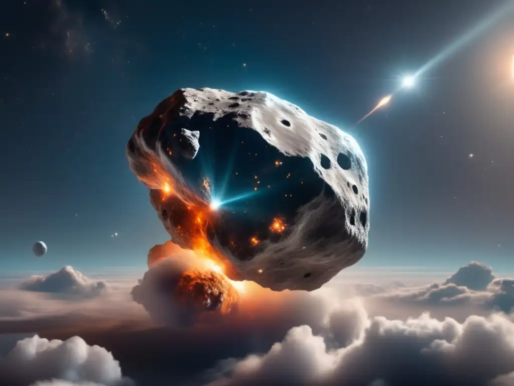 A two-toned asteroid shimmers above a nebula cloud, its dark gray surface reflecting the neon lights of the surrounding nebula