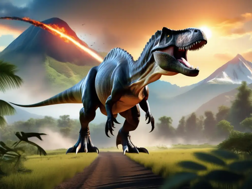 Tyrannosaurus Rex vs A photorealistic depiction of a terrifying T-Rex facing off against a meteor descending from the sky