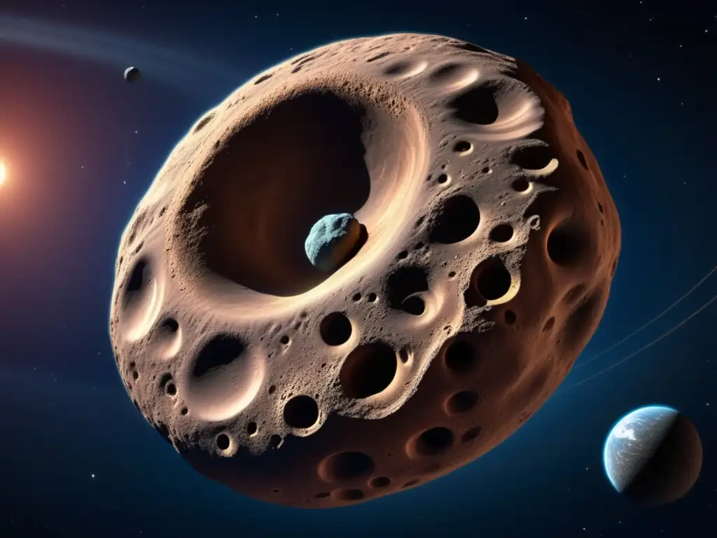 A highly detailed, photorealistic image shows a Trojan asteroid in orbit