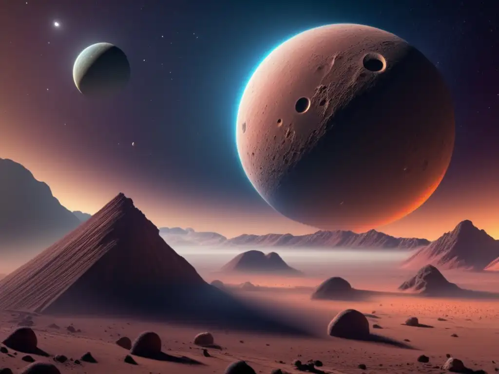 A stunning depiction of a Trojan asteroid's majestic orbit around a tiny dwarf planet under realistic lighting