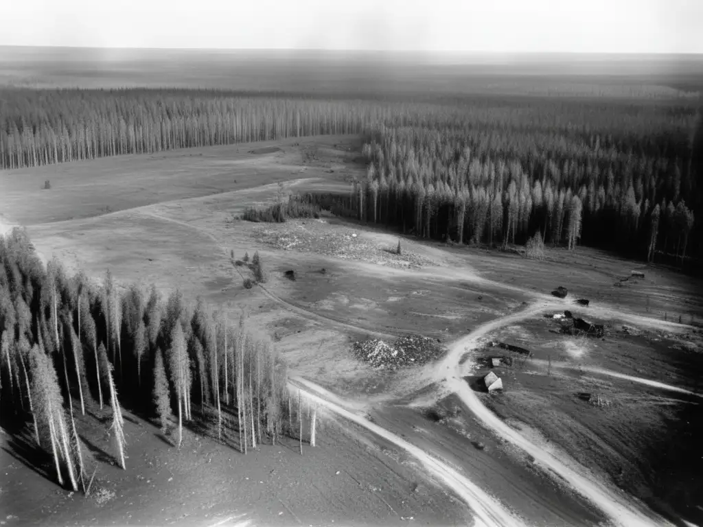 Devastation Unfolds: Aerial Photograph of the 1908 Tunguska Event A photorealistic image of the Tunguska event aftermath, as if you were there