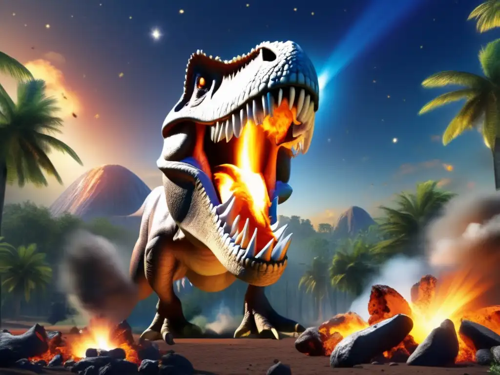 Apocalypse Unleashed: T-Rex Bone Devoured by Asteroid Impact A haunting closeup of a T-Rex bone crashed by a fiery asteroid, causing a massive explosion