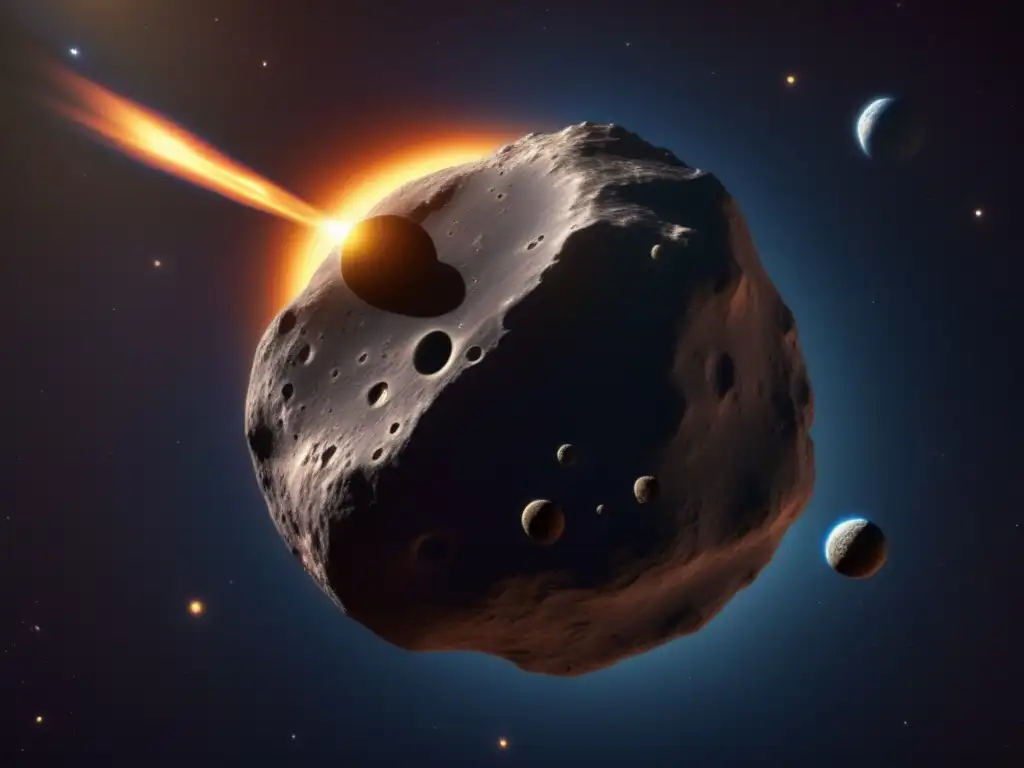 Dash: An extraordinary, highly detailed image of Asteroid Ulysses in orbit around the sun, featuring its unique shape, texture, and lighting