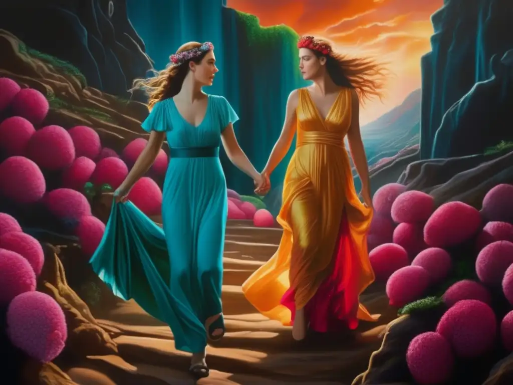 A captivating photorealistic painting of Persephone and Eurydice descending into the underworld
