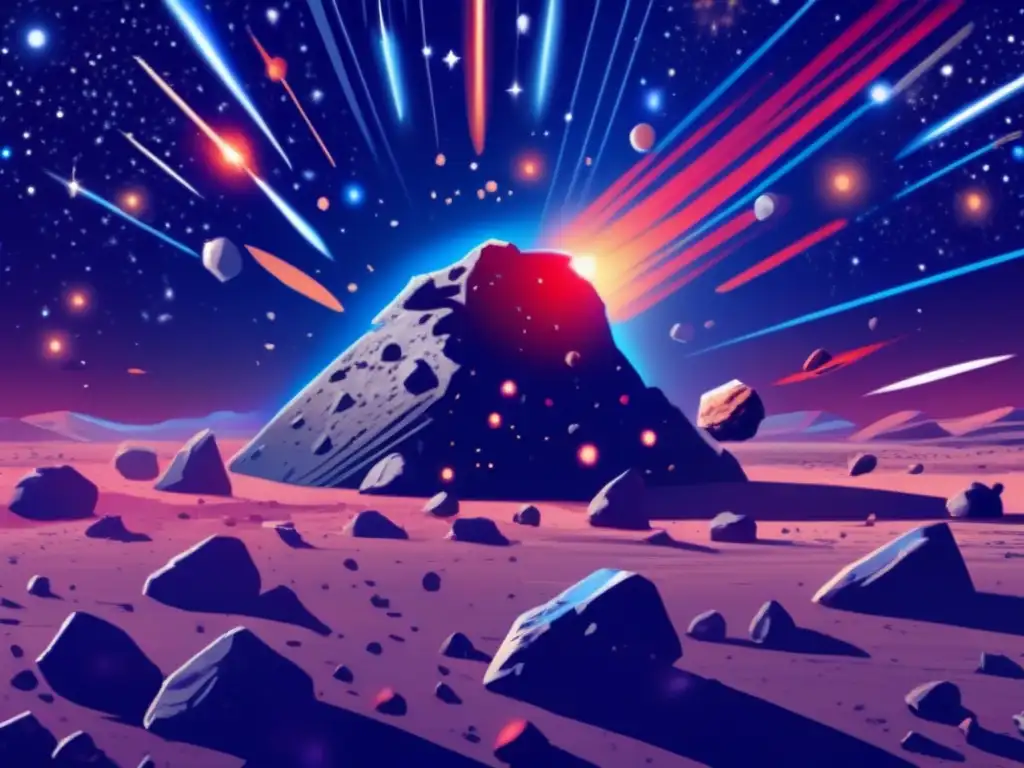 An awe-inspiring photorealistic image of an asteroid field with multiple asteroids labeled in red and blue