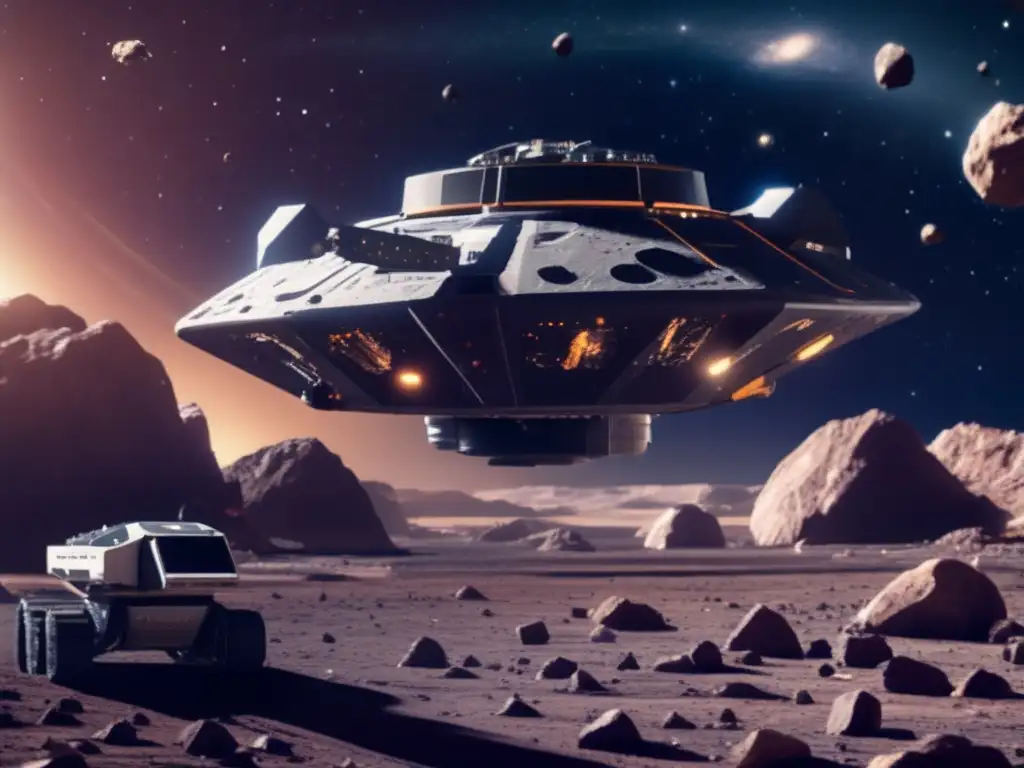 University-led asteroid mining: A photorealistic image of a spaceship in front of a mining asteroid surrounded by vast cosmos