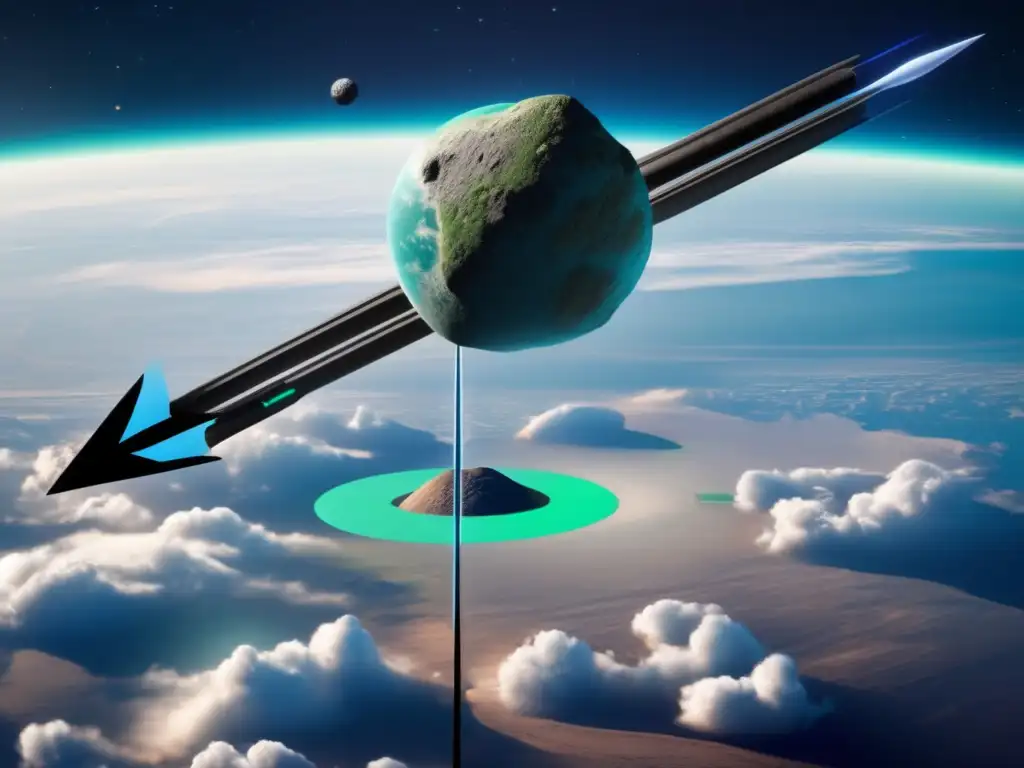 A photorealistic image of an asteroid streaking through space, its orbital path marked by three arrows
