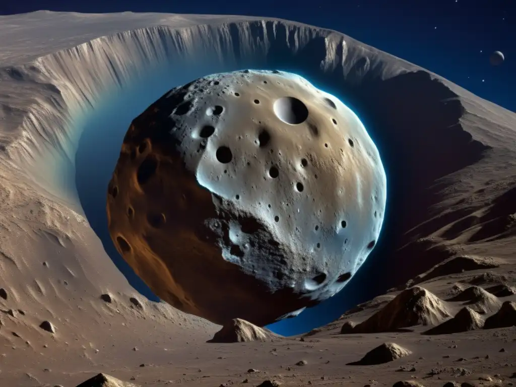 Asteroid Vesta's diverse and rugged landscape, captured by Dawn, stands out against a deep blue background in this stunning photograph