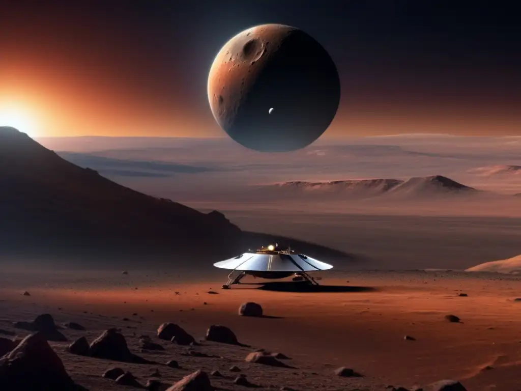 A breathtaking photorealistic image of a spacecraft landing on Vesta, showcasing the rugged terrain of this dwarf planet with its craters and rocks