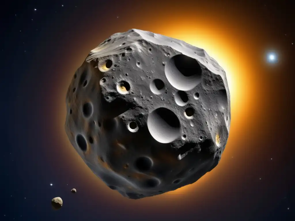 A stunning, photorealistic image of Asteroid Vesta orbits the sun, showcasing its surface in extreme detail with craters, mountains, and geological features