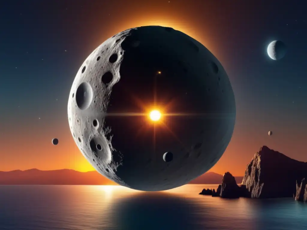 Daring photorealistic depiction of Vesta, the solar system's brightest asteroid, hovering over a peaceful seascape
