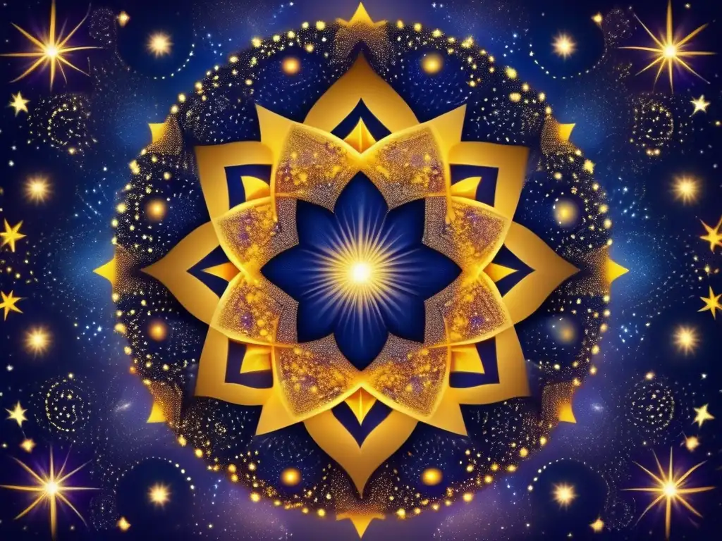 A mesmerizing celestial panorama boasts a radiant yellow star at center, surrounded by a breathtaking kaleidoscope of vibrant colors