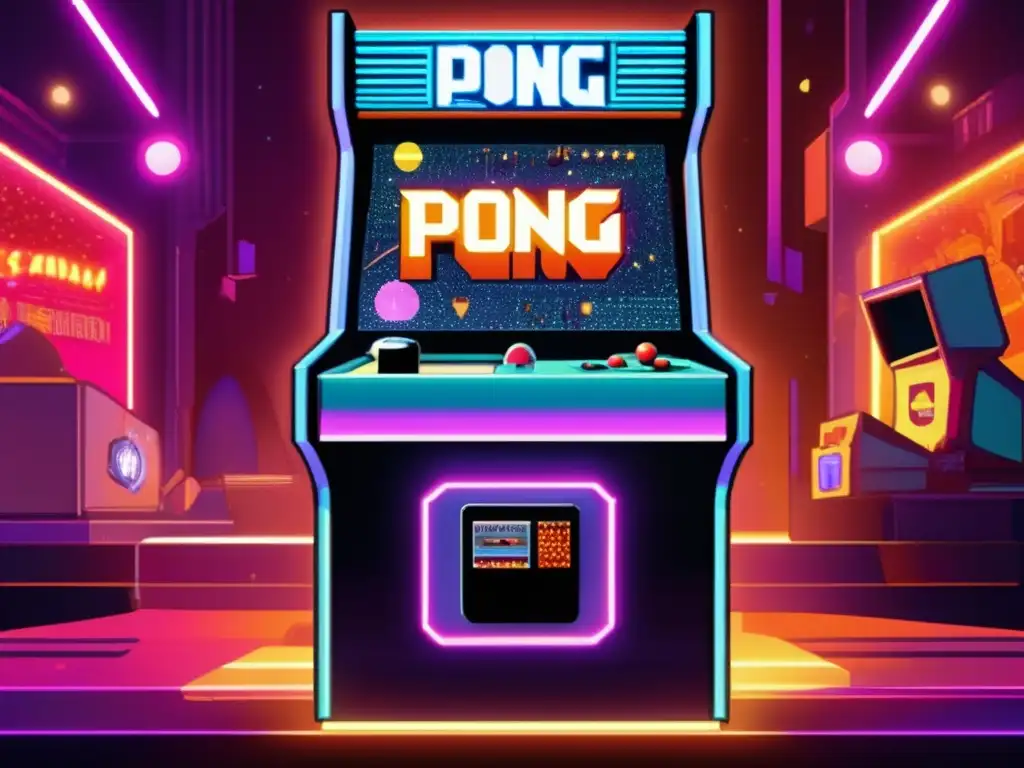 Pixelated Pong Reigns in Rustic Retro World A mesmerizing vintage Pong arcade cabinet, illuminated by neon lights and set in a dimly lit cavern with crystal and metal accents