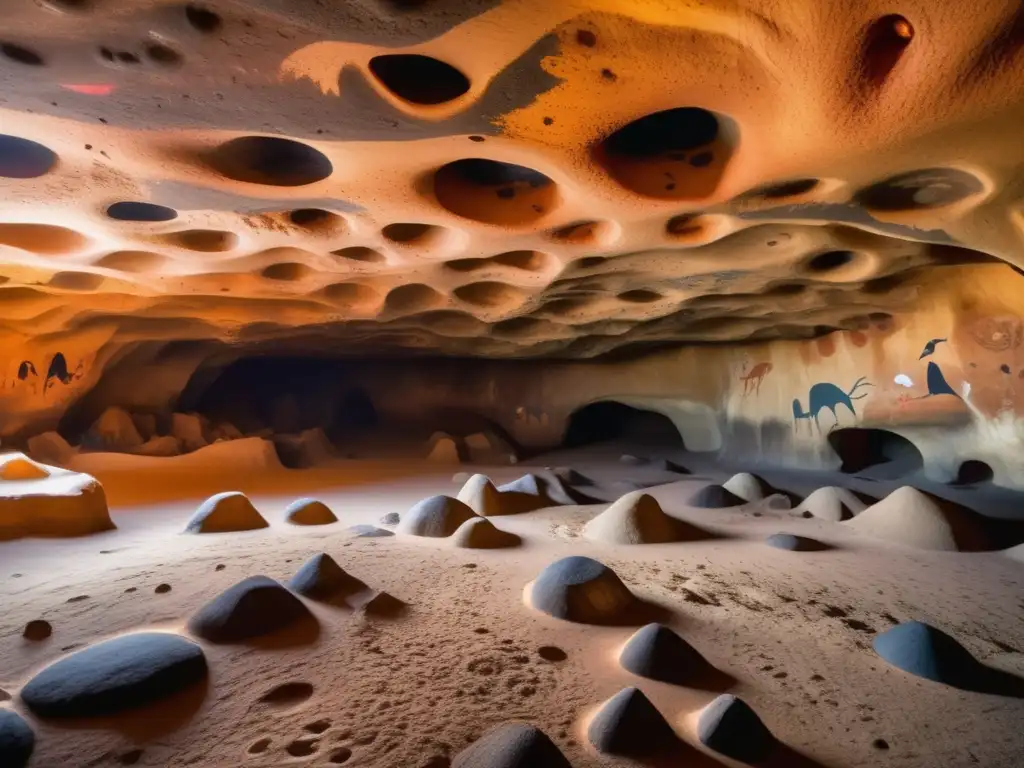 Intricate prehistoric cave, featuring impact craters and vivid cave paintings, depicting geological and archaeological wonders