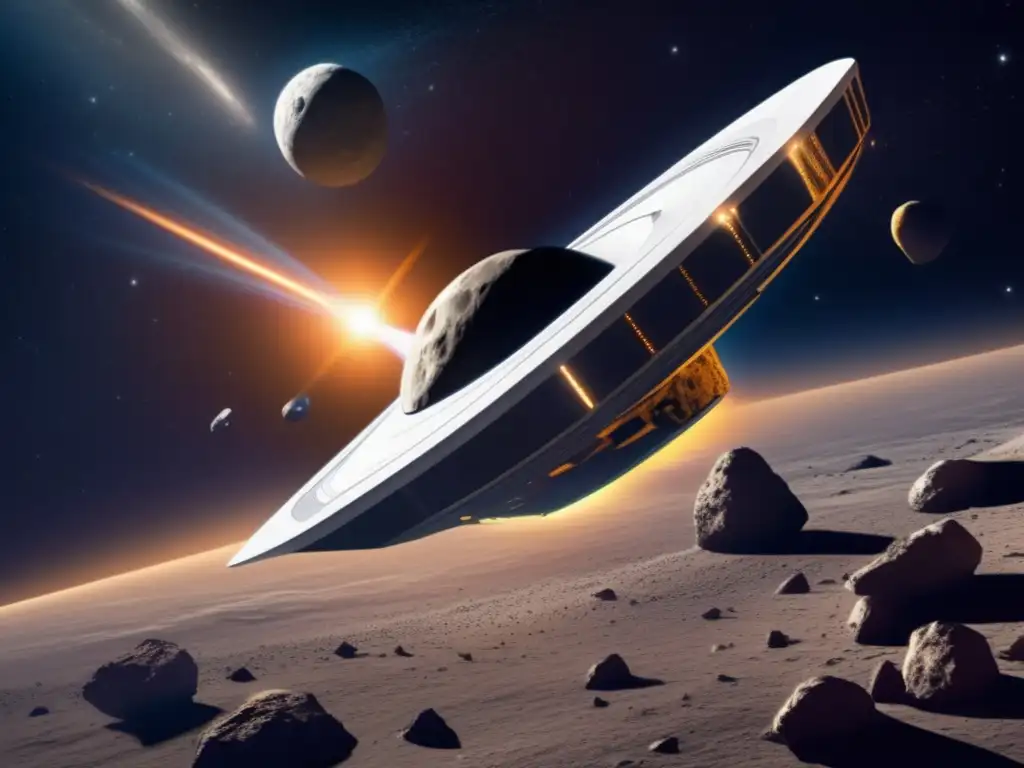 A sleek white spacecraft effortlessly glides through the deep emptiness of space, heading towards the massive jagged rock that is Trojan asteroid