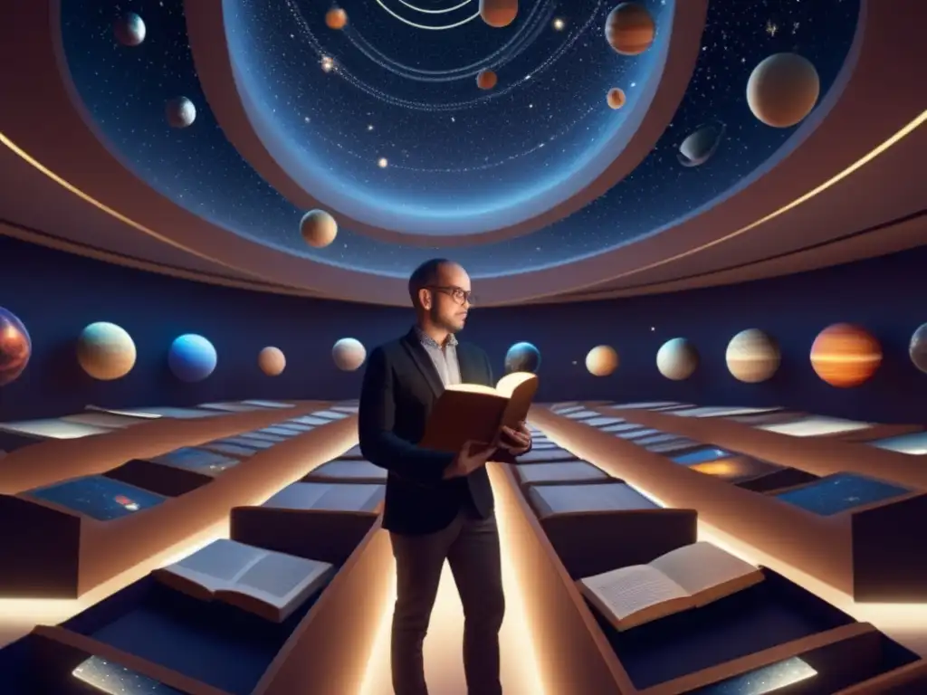 Exploring the Cataloging of Minor Planets: A Photorealistic Image A stunning photorealistic portrait of astronaut Gareth Williams in a planetarium, clutching a book while surrounded by a breathtaking 3Dmap of countless minor planets, expertly drawn out in orbits