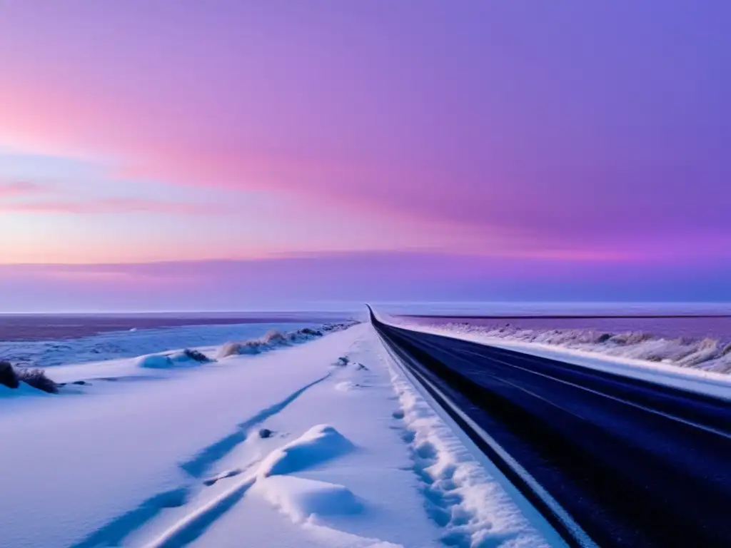 A hauntingly beautiful panoramic view of a barren, snowcovered landscape with abandoned cars reflecting the setting sun's fading light