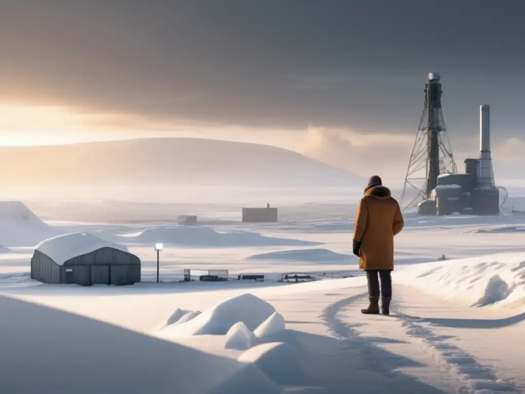 Photorealistic image of a barren, snow-covered landscape with a lone scientist standing in the center