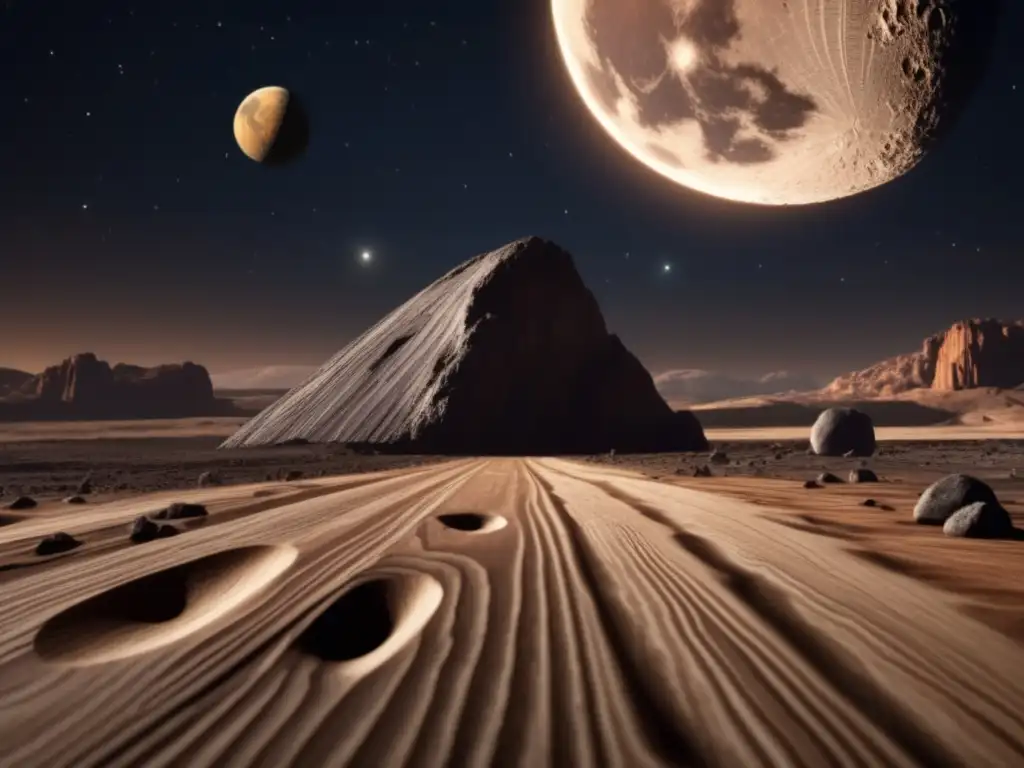 Dash: Naturalistic wood grain background with an asteroid taking center stage, moon glowing softly in the distance