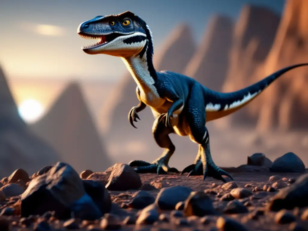 Asteroid-Bound Velociraptor: Survival on the Edge' - Avelociraptor standing atop an asteroid, scrutinizing a group of trapped peers below