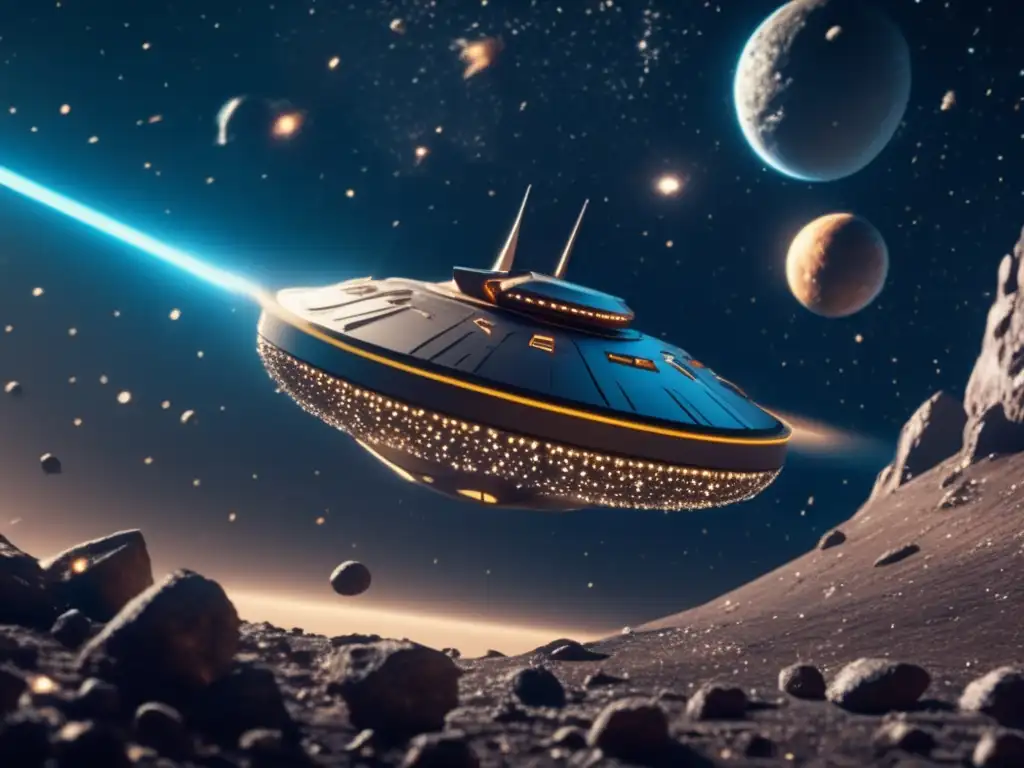 A stunning photorealistic image of the Zork Seven spaceship soaring through a dynamic asteroid field, with an uncharted planet in the distance, beckoning adventurers beyond