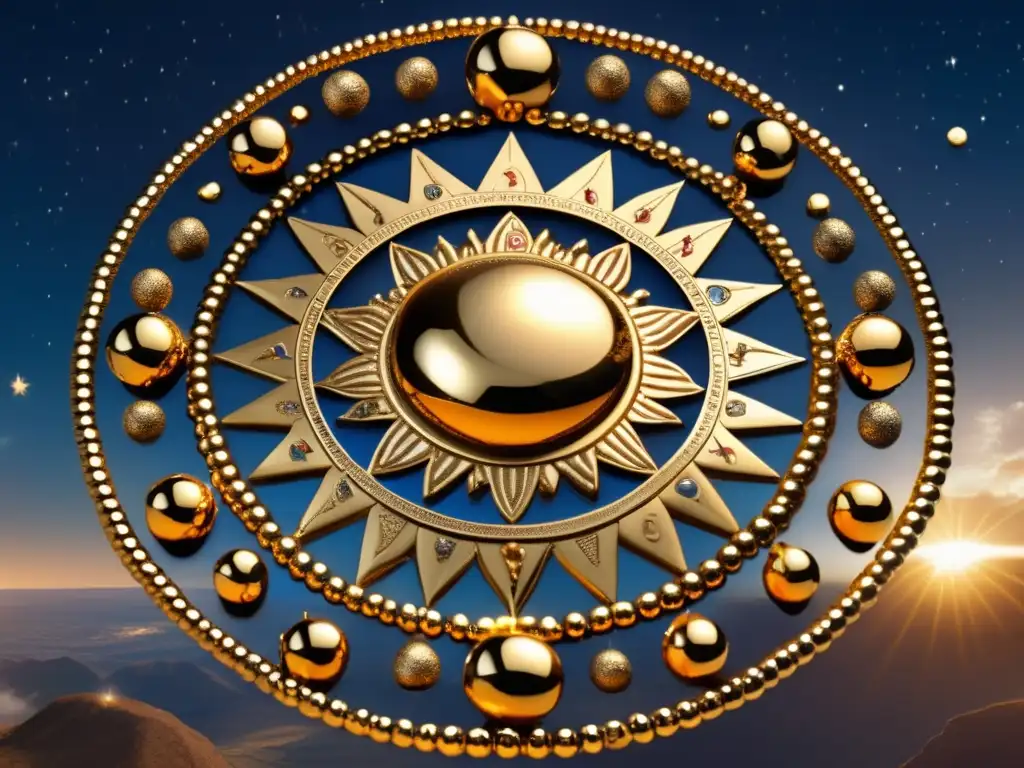 Zulu Sun Disc: Celestial Signs of Nyama A majestic depiction of the Zulu Sun Disc in the sky, symbolizing Nyama's control over cosmic bodies, with a cast of planetary and asteroid signs